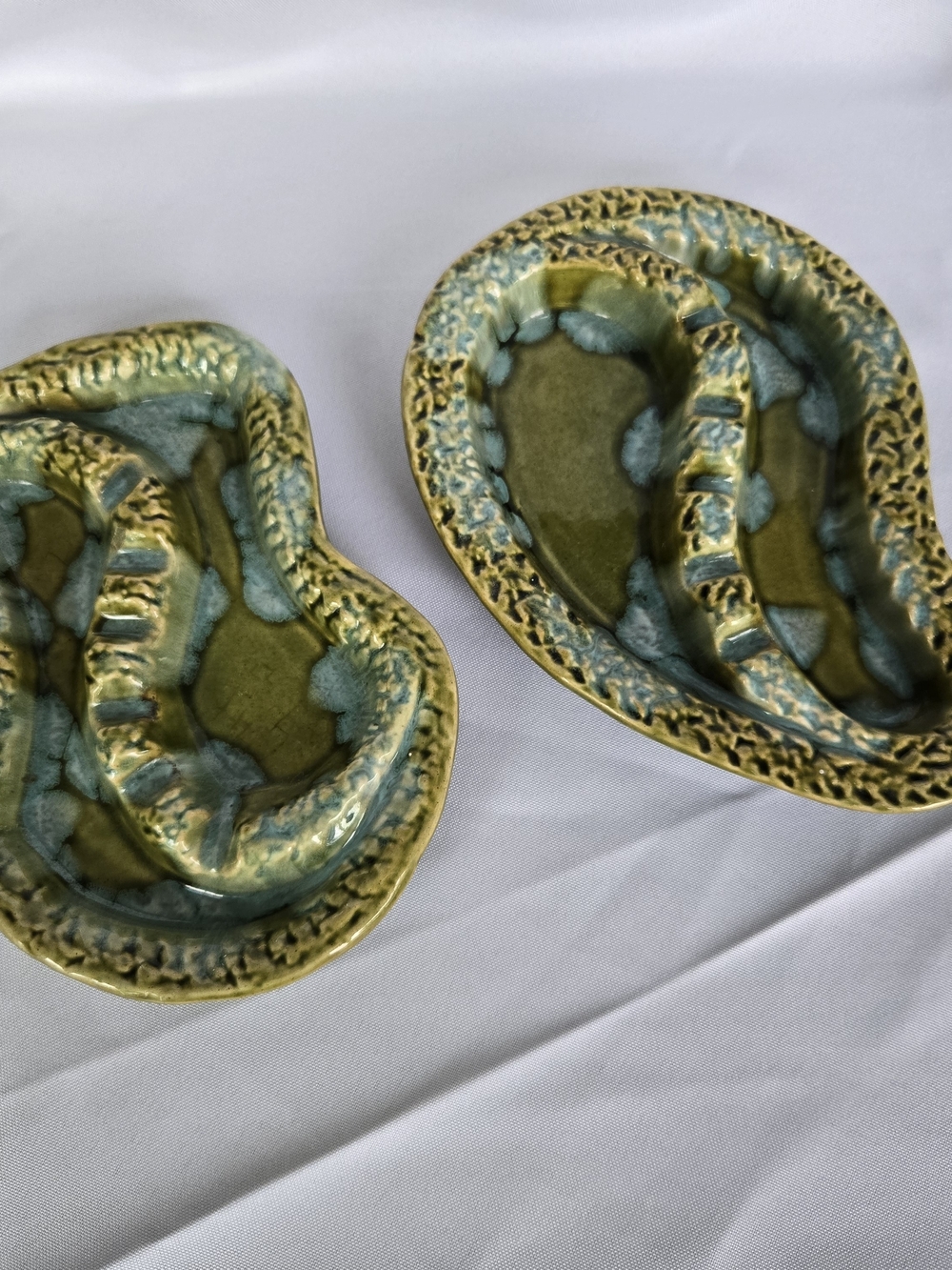 Vintage California Pottery Drip Glaze Ashtray Set 2pc Green Blue MCM